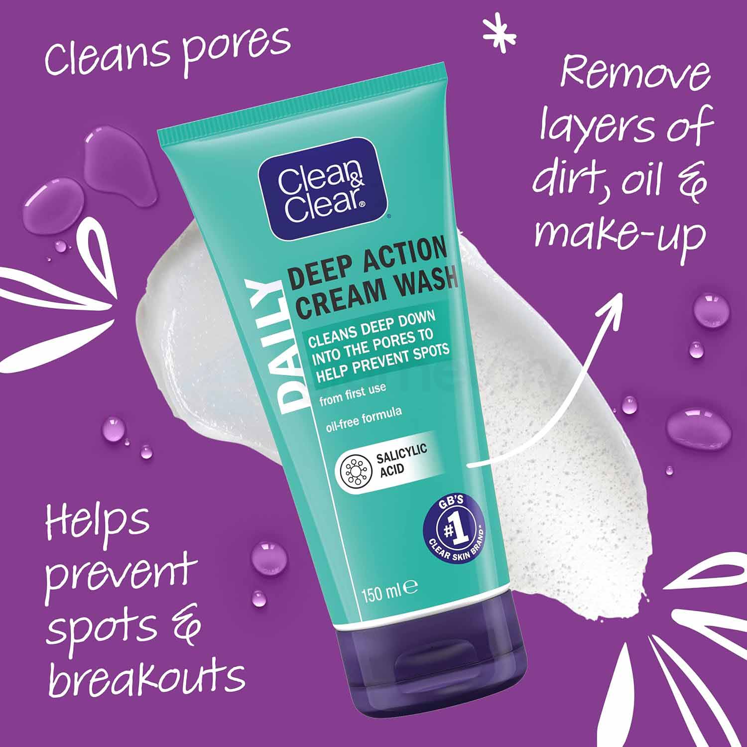 Clean & Clear Daily Deep Action Cream Wash Oil Free-150ml