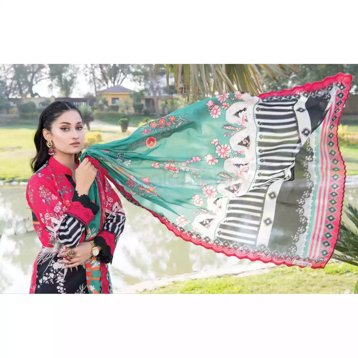 Pakistani Luxury Printed Embroidered Lawn with Jacquard Voil Dupatta-1011