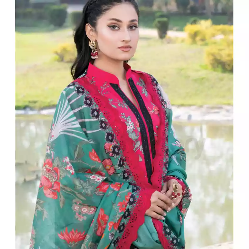 Pakistani Luxury Printed Embroidered Lawn with Jacquard Voil Dupatta-1011 thumbnail 5