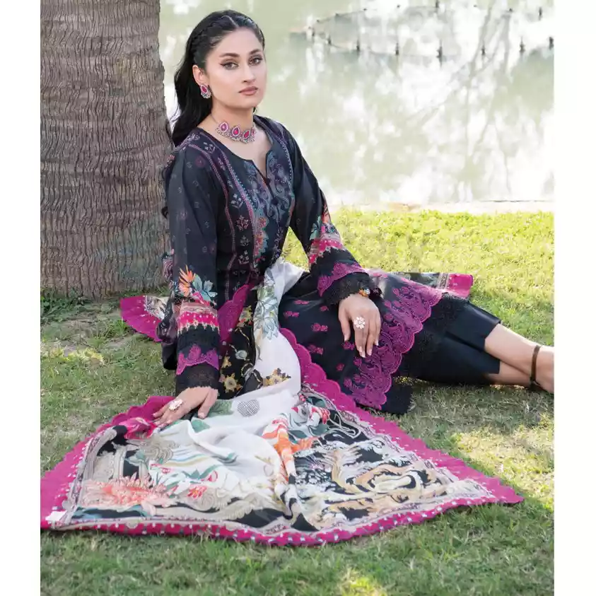 Pakistani Luxury Printed Embroidered Lawn with Jacquard Voil Dupatta-1014 thumbnail 3