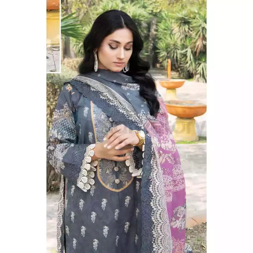 Pakistani Luxury Printed Embroidered Lawn with Jacquard Voil Dupatta-1018 thumbnail 3