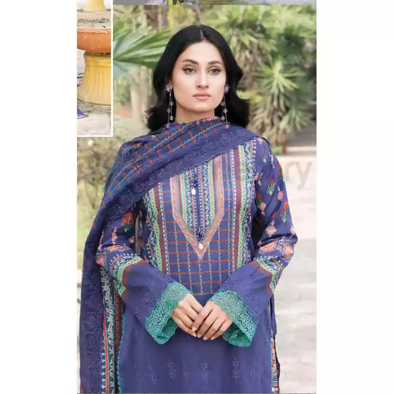 Pakistani Luxury Printed Embroidered Lawn with Jacquard Voil Dupatta-1019 thumbnail 3