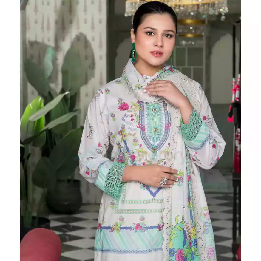 Pakistani Luxury Printed Embroidered Stripe Lawn with Jacquard Voil Dupatta-1022 thumbnail 4