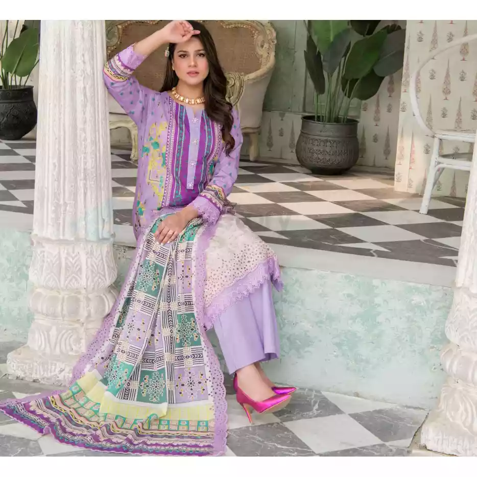 Pakistani Luxury Printed Embroidered Stripe Lawn with Jacquard Voil Dupatta-1023 thumbnail 5