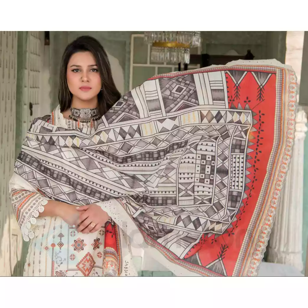 Pakistani Luxury Printed Embroidered Stripe Lawn with Jacquard Voil Dupatta-1024 thumbnail 4