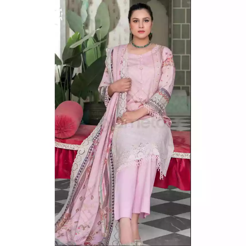 Pakistani Luxury Printed Embroidered Stripe Lawn with Jacquard Voil Dupatta-1025 thumbnail 3