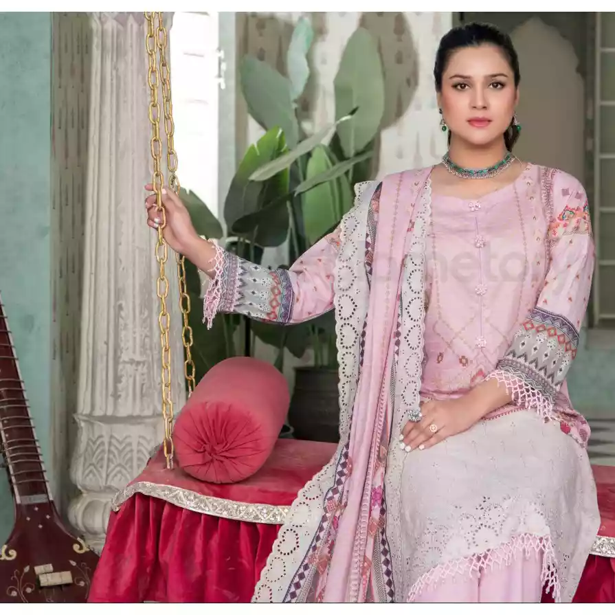 Pakistani Luxury Printed Embroidered Stripe Lawn with Jacquard Voil Dupatta-1025 thumbnail 4