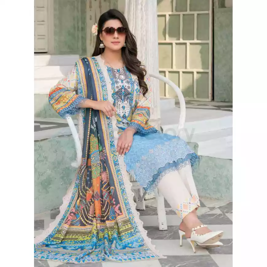 Pakistani Luxury Printed Embroidered Stripe Lawn with Jacquard Voil Dupatta-1026 thumbnail 3