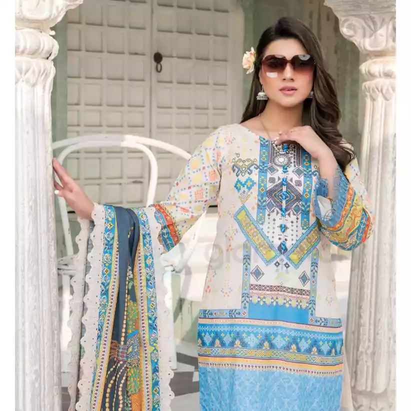 Pakistani Luxury Printed Embroidered Stripe Lawn with Jacquard Voil Dupatta-1026 thumbnail 4