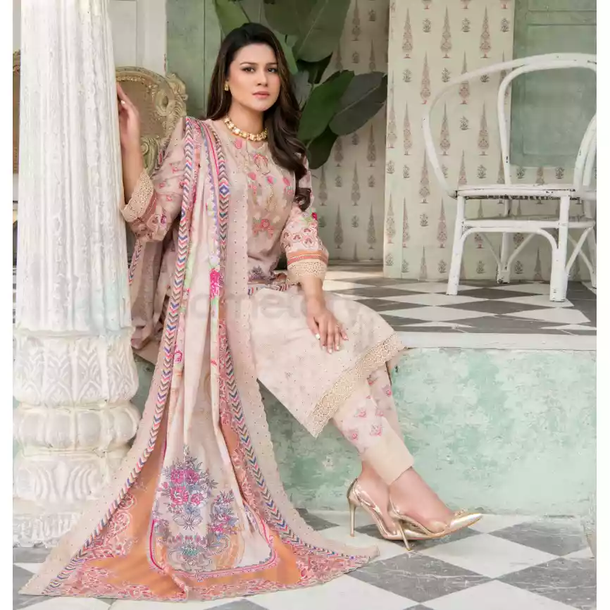 Pakistani Luxury Printed Embroidered Stripe Lawn with Jacquard Voil Dupatta-1027 thumbnail 4