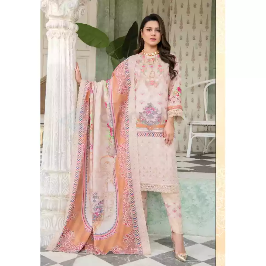 Pakistani Luxury Printed Embroidered Stripe Lawn with Jacquard Voil Dupatta-1027 thumbnail 5