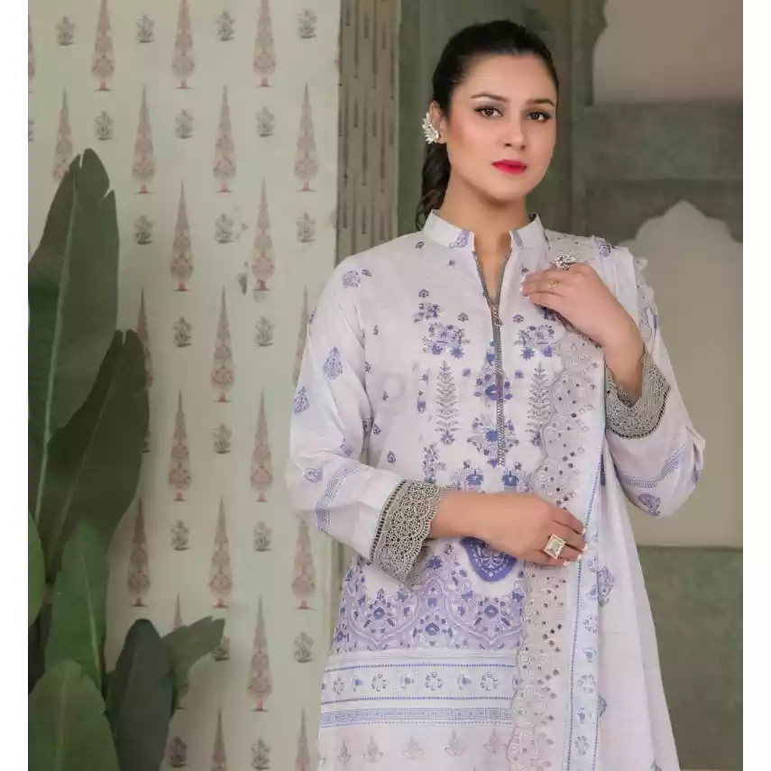 Pakistani Luxury Printed Embroidered Stripe Lawn with Jacquard Voil Dupatta-1028 thumbnail 3
