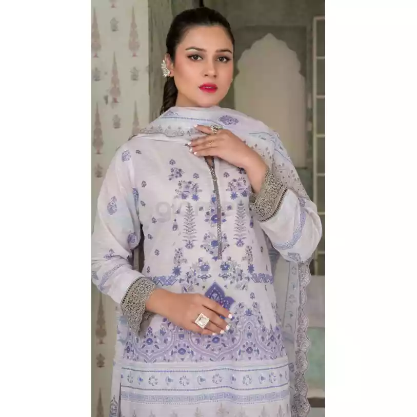 Pakistani Luxury Printed Embroidered Stripe Lawn with Jacquard Voil Dupatta-1028 thumbnail 4