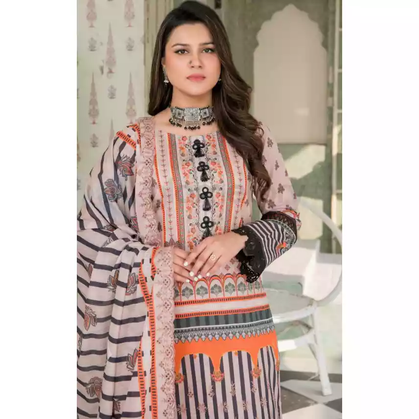 Pakistani Luxury Printed Embroidered Stripe Lawn with Jacquard Voil Dupatta-1029 thumbnail 3