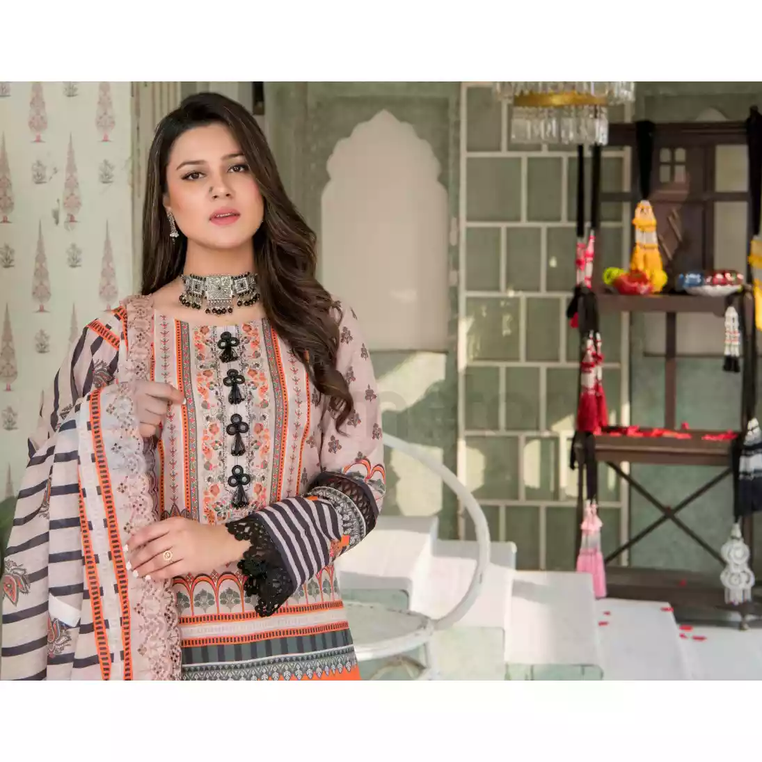 Pakistani Luxury Printed Embroidered Stripe Lawn with Jacquard Voil Dupatta-1029 thumbnail 4