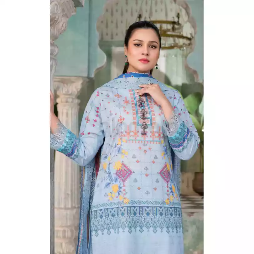 Pakistani Luxury Printed Embroidered Stripe Lawn with Jacquard Voil Dupatta-1030 thumbnail 3