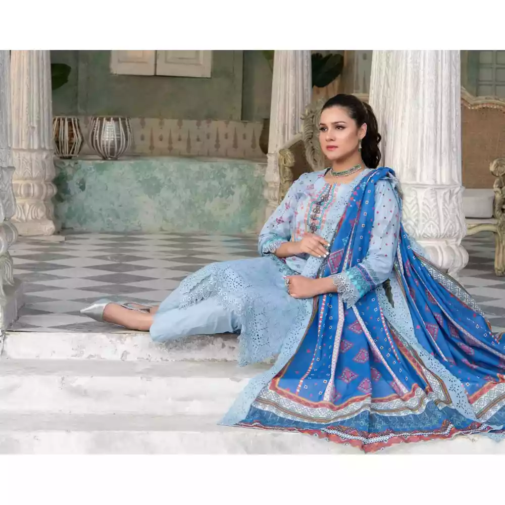 Pakistani Luxury Printed Embroidered Stripe Lawn with Jacquard Voil Dupatta-1030 thumbnail 4