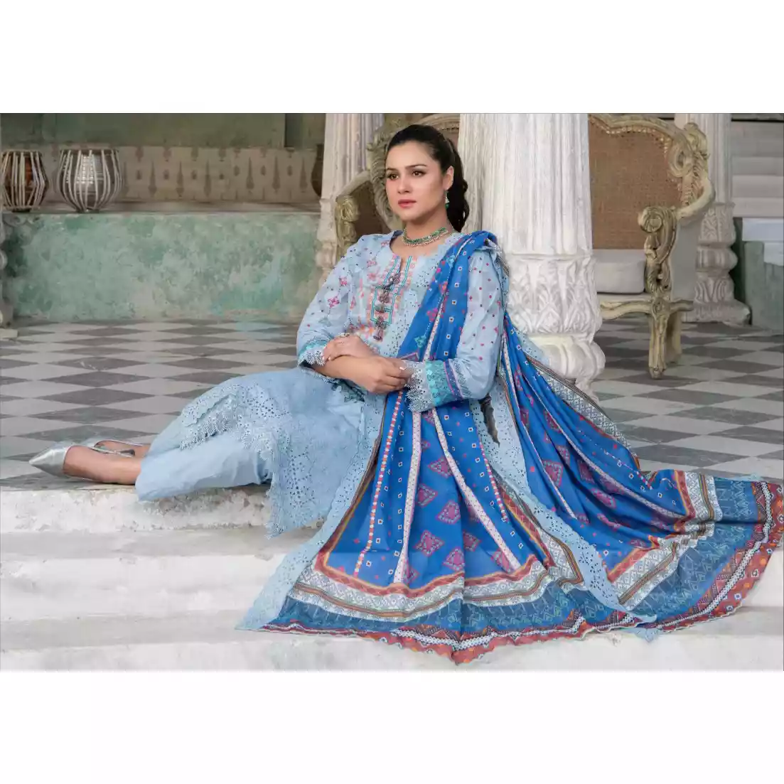 Pakistani Luxury Printed Embroidered Stripe Lawn with Jacquard Voil Dupatta-1030 thumbnail 5