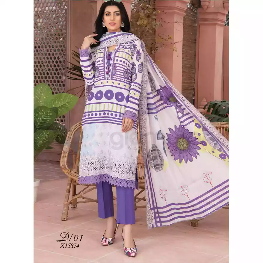 Pakistani Luxury Printed Embroidered Stripe Lawn with Jacquard Voil Dupatta-1031 thumbnail 3