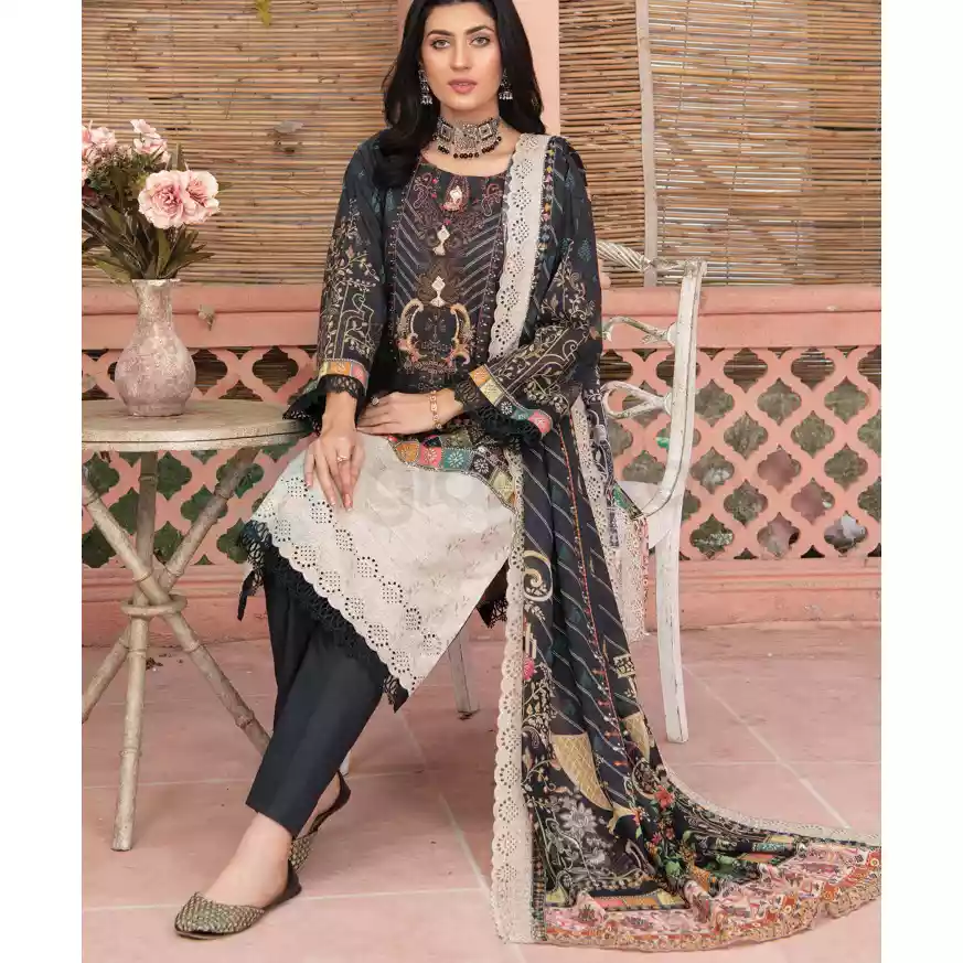 Pakistani Luxury Printed Embroidered Stripe Lawn with Jacquard Voil Dupatta-1032 thumbnail 3