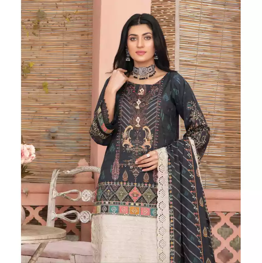 Pakistani Luxury Printed Embroidered Stripe Lawn with Jacquard Voil Dupatta-1032 thumbnail 4