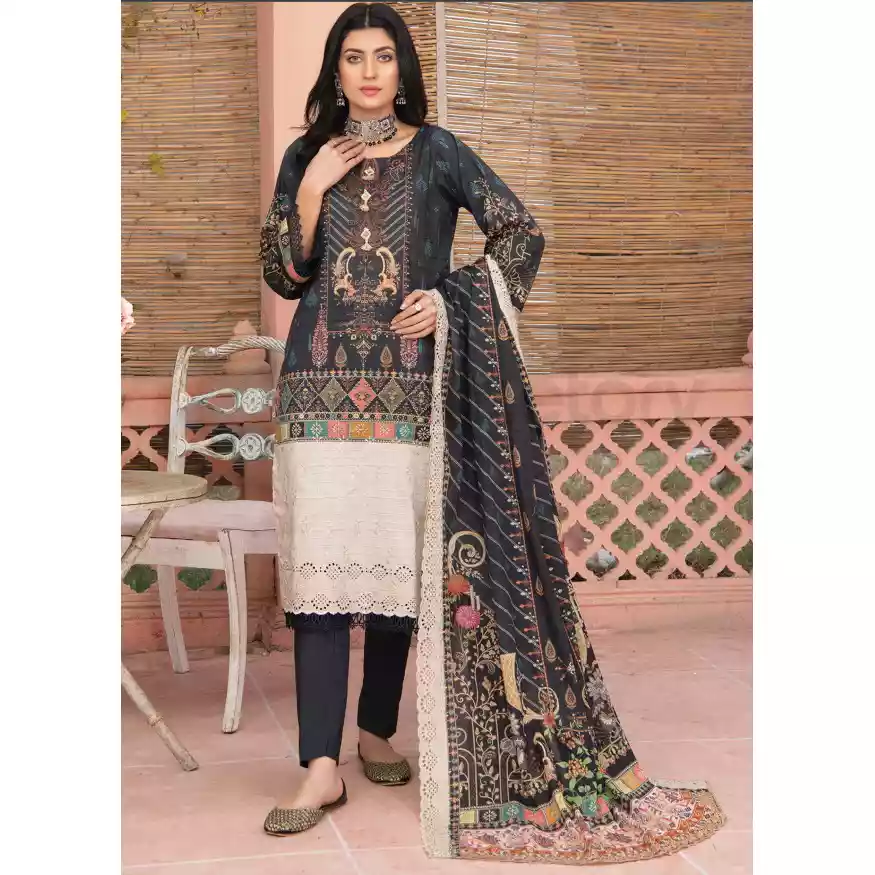 Pakistani Luxury Printed Embroidered Stripe Lawn with Jacquard Voil Dupatta-1032 thumbnail 5