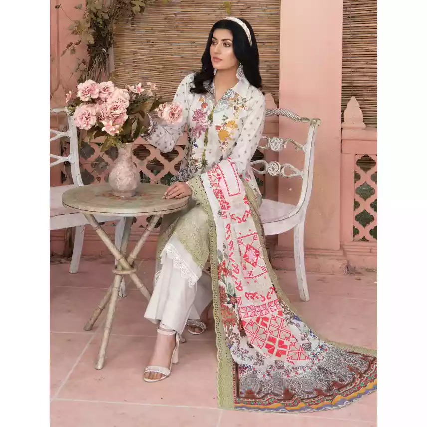 Pakistani Luxury Printed Embroidered Stripe Lawn with Jacquard Voil Dupatta-1033 thumbnail 3