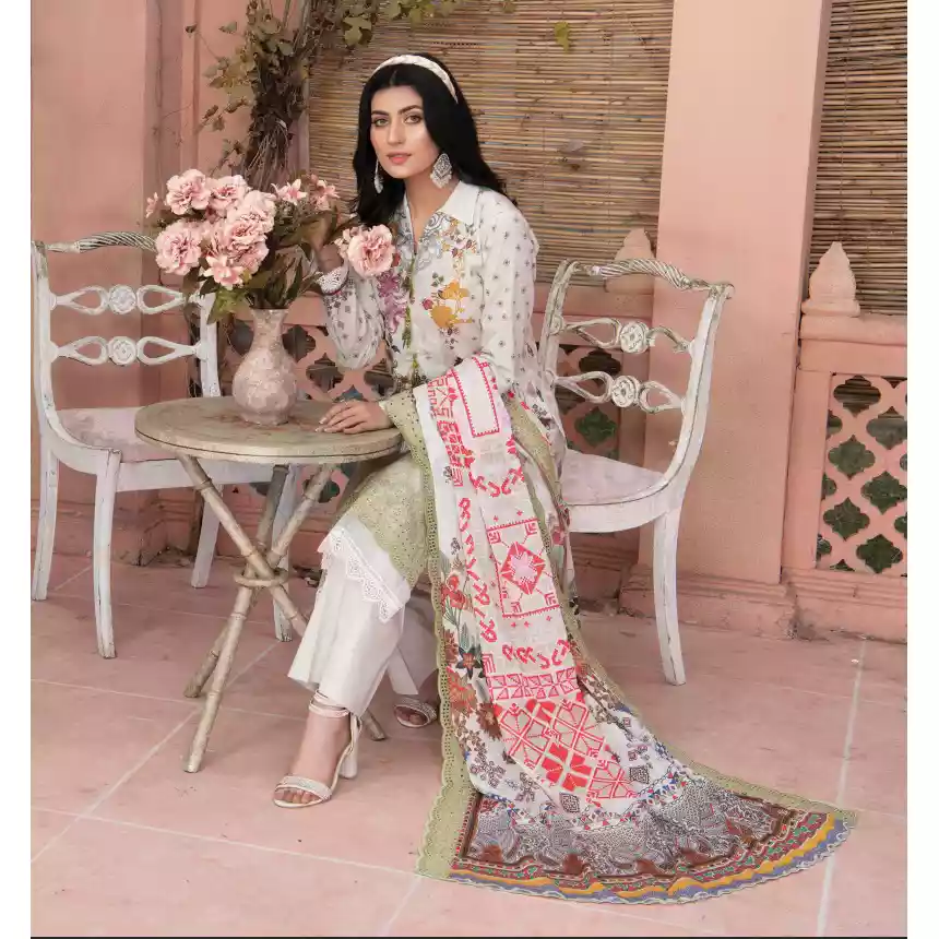 Pakistani Luxury Printed Embroidered Stripe Lawn with Jacquard Voil Dupatta-1033 thumbnail 5