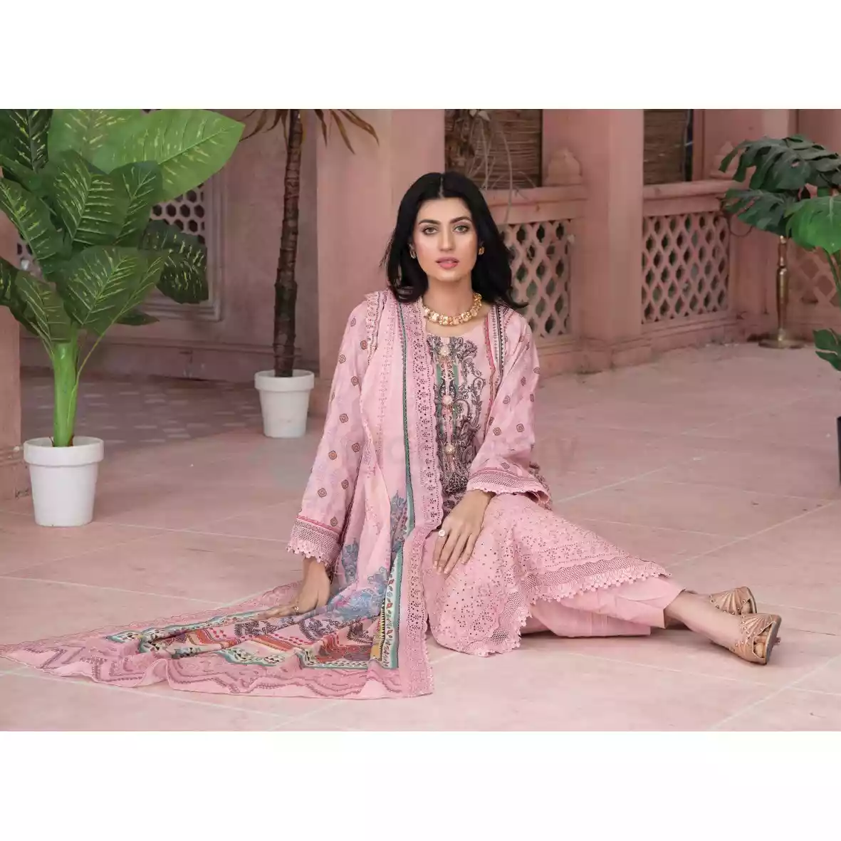 Pakistani Luxury Printed Embroidered Stripe Lawn with Jacquard Voil Dupatta-1034 thumbnail 3