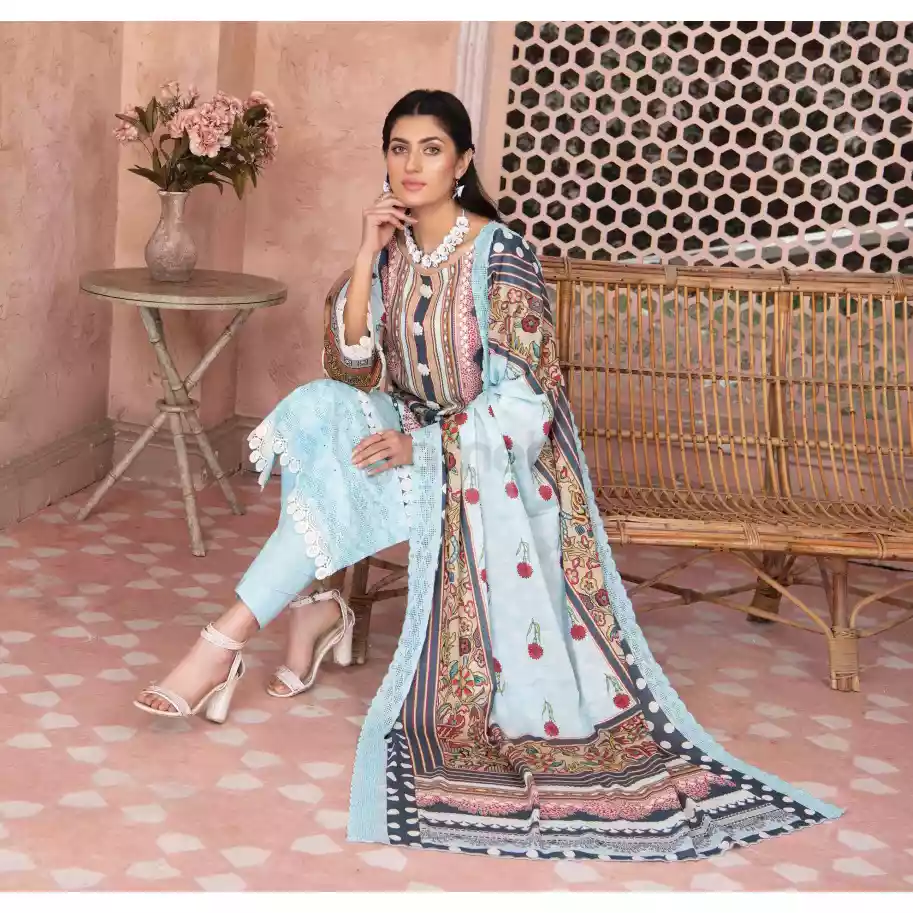 Pakistani Luxury Printed Embroidered Stripe Lawn with Jacquard Voil Dupatta-1035 thumbnail 5