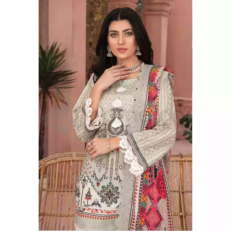 Pakistani Luxury Printed Embroidered Stripe Lawn with Jacquard Voil Dupatta-1036 thumbnail 3