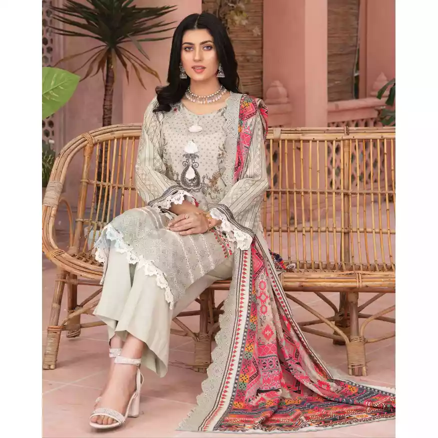 Pakistani Luxury Printed Embroidered Stripe Lawn with Jacquard Voil Dupatta-1036 thumbnail 4