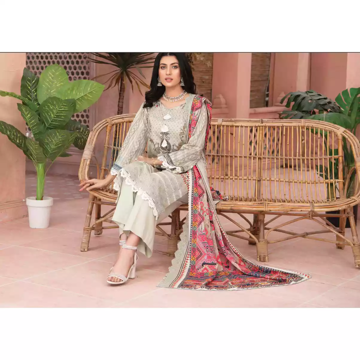 Pakistani Luxury Printed Embroidered Stripe Lawn with Jacquard Voil Dupatta-1036 thumbnail 5