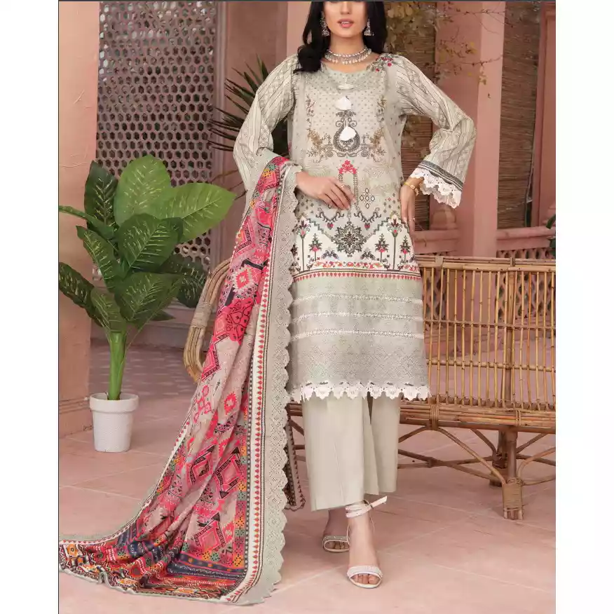 Pakistani Luxury Printed Embroidered Stripe Lawn with Jacquard Voil Dupatta-1036 thumbnail 6