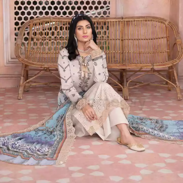 Pakistani Luxury Printed Embroidered Stripe Lawn with Jacquard Voil Dupatta-1038 thumbnail 4