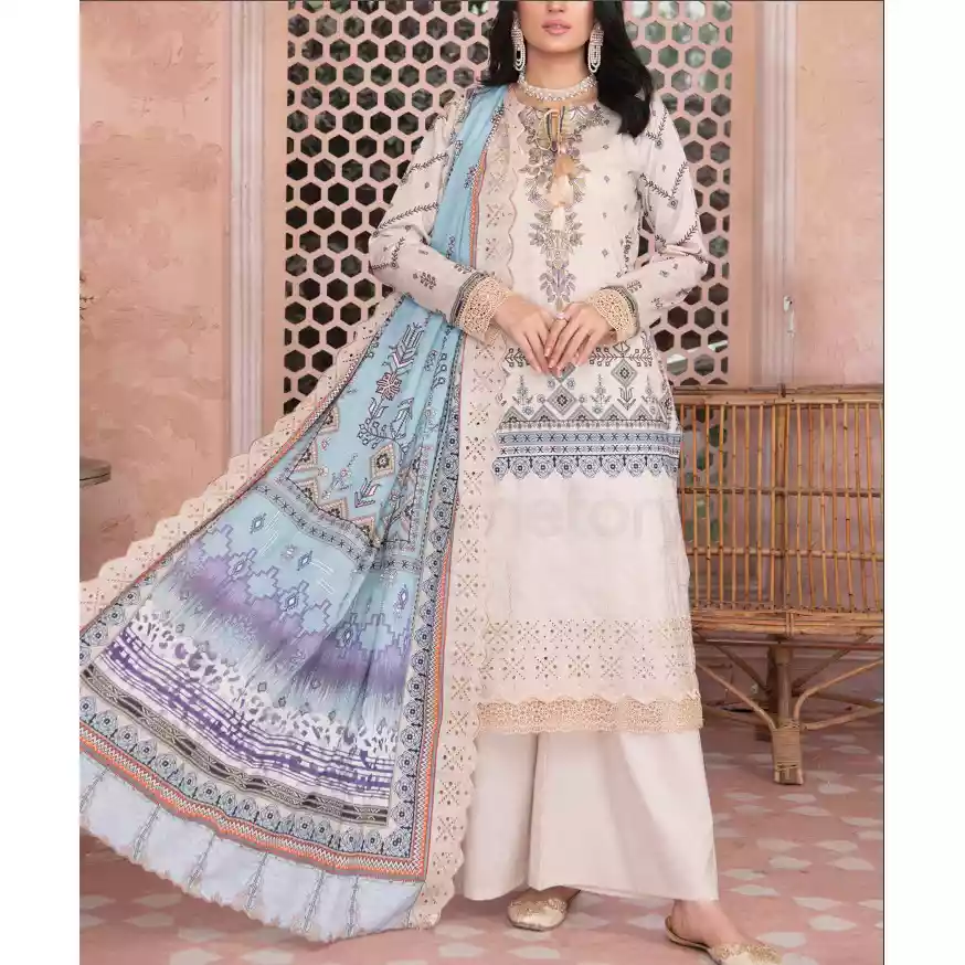 Pakistani Luxury Printed Embroidered Stripe Lawn with Jacquard Voil Dupatta-1038 thumbnail 6