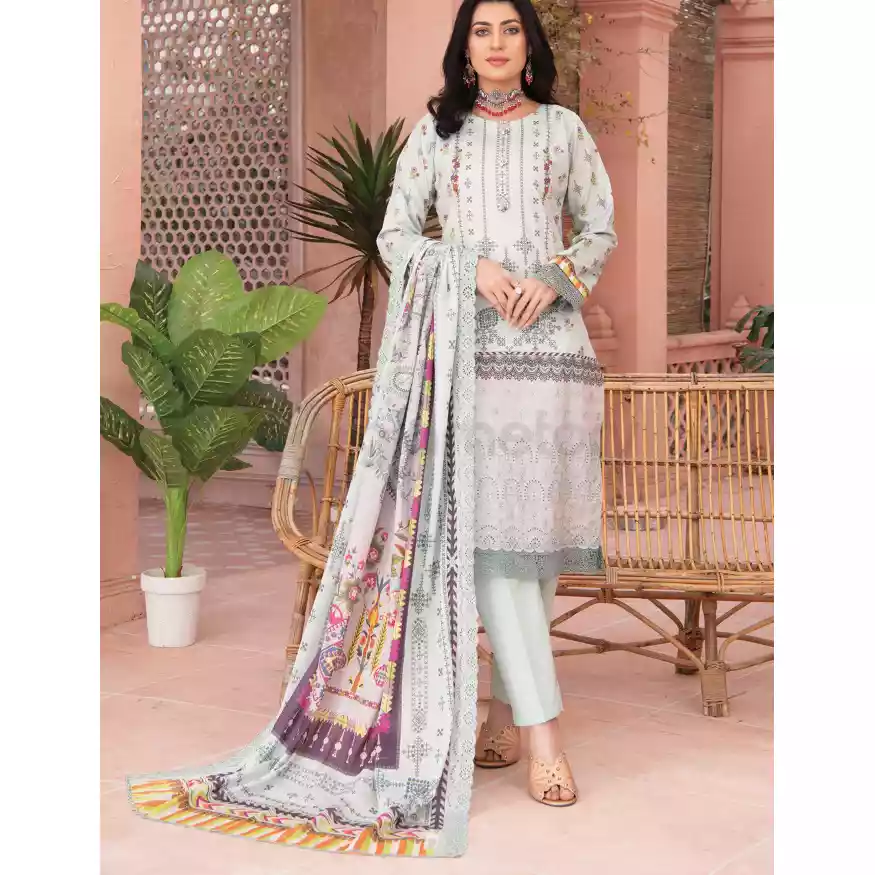 Pakistani Luxury Printed Embroidered Stripe Lawn with Jacquard Voil Dupatta-1040 thumbnail 6