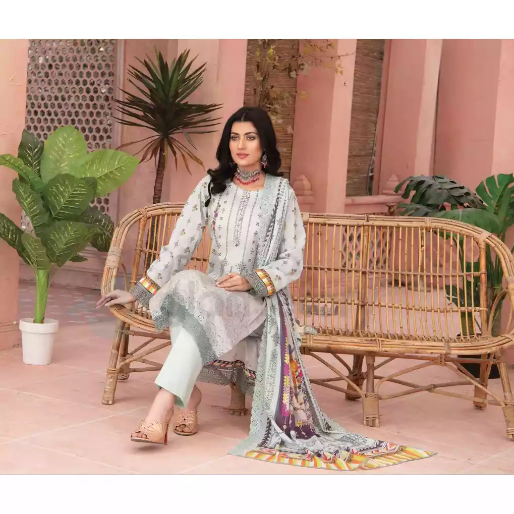 Pakistani Luxury Printed Embroidered Stripe Lawn with Jacquard Voil Dupatta-1040 thumbnail 7