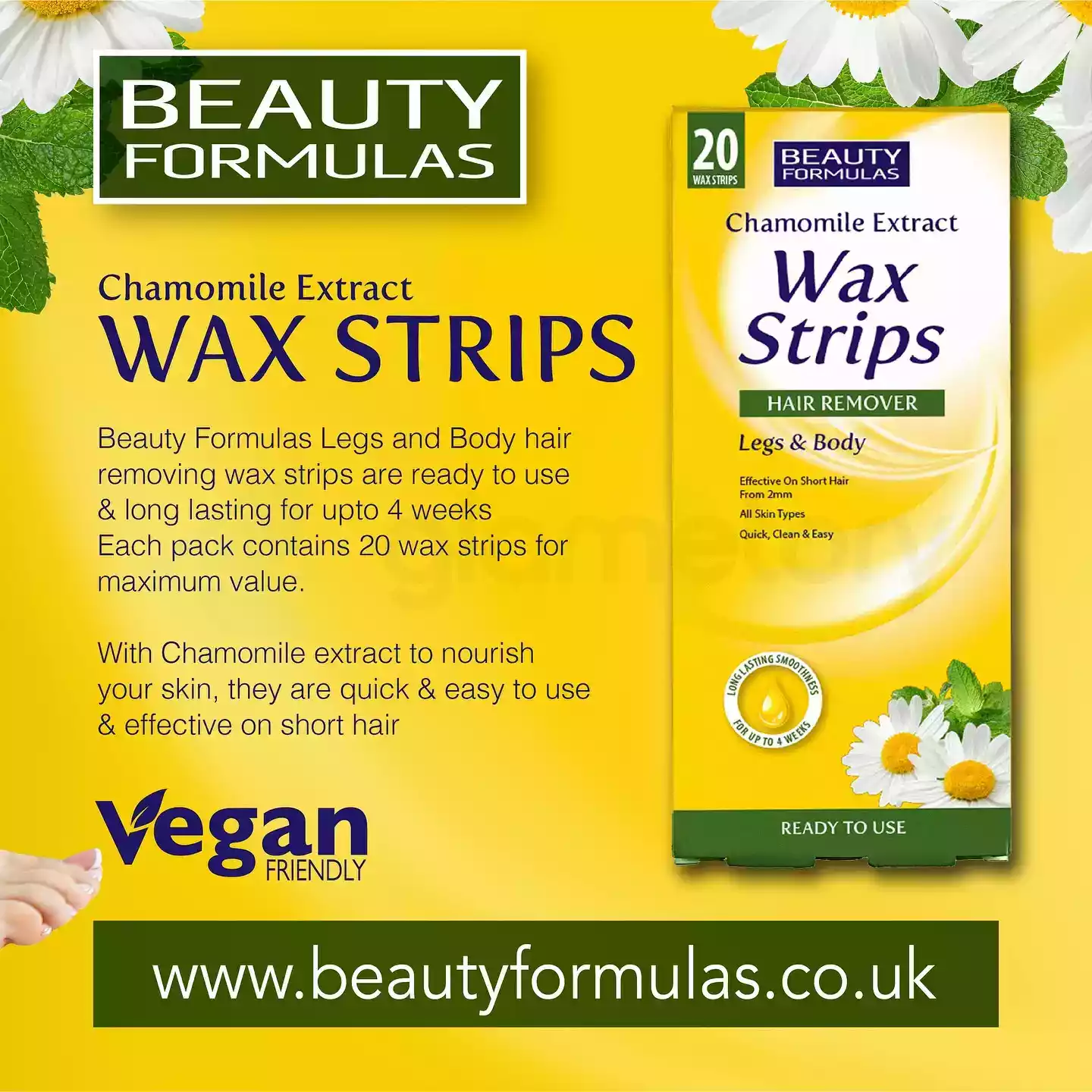 Beauty Formulas Chamomile Extract Wax Strips Hair Remover-20 Wax Strips