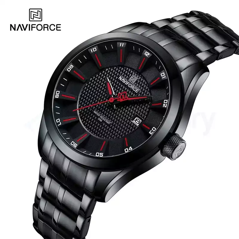 Naviforce Men's Watch with Date & Chain Strap 8032 CH-Black Red