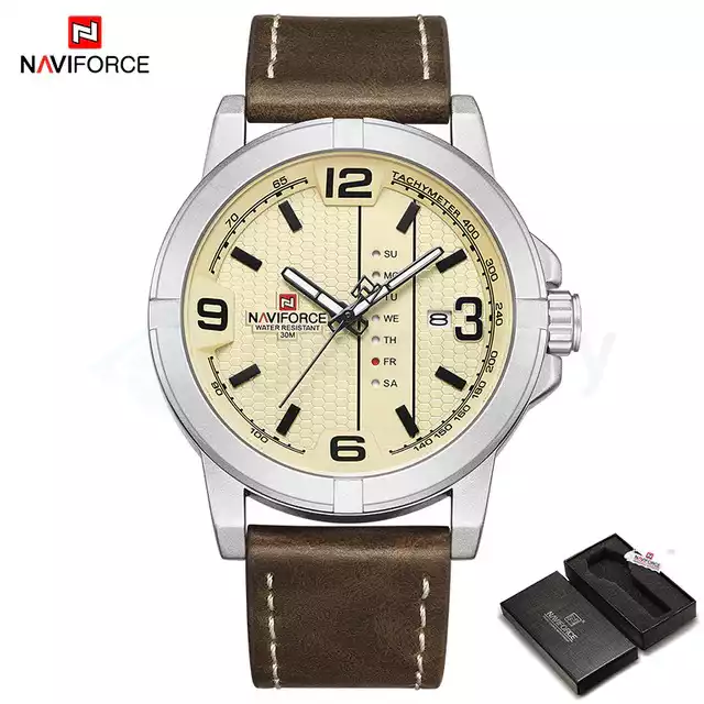 Naviforce Men's Analog Watch with Belt Strap 9177 L-Silver Brown
