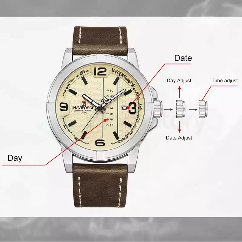 Naviforce Men's Analog Watch with Belt Strap 9177 L-Silver Brown