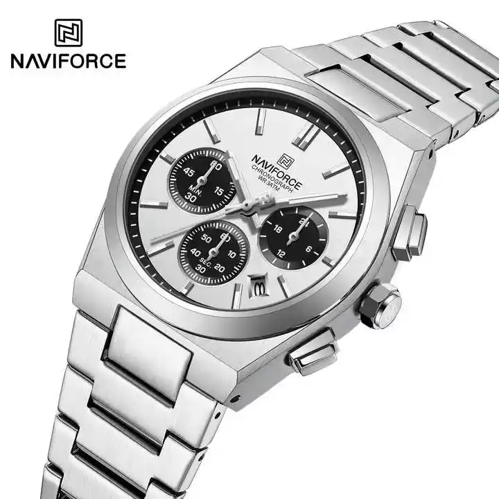Naviforce Women's Watch With Date & Chain Strap 8048 CH-Silver White Black