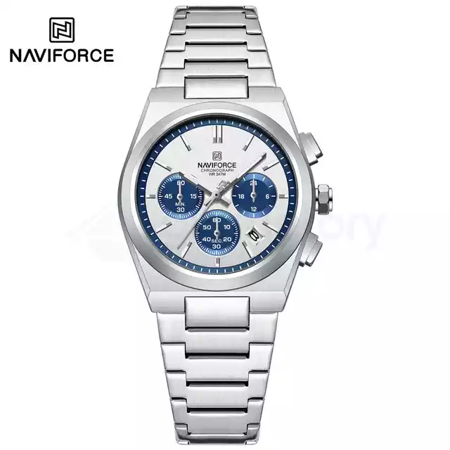Naviforce Women's Watch With Date & Chain Strap 8048 CH-Silver White Blue