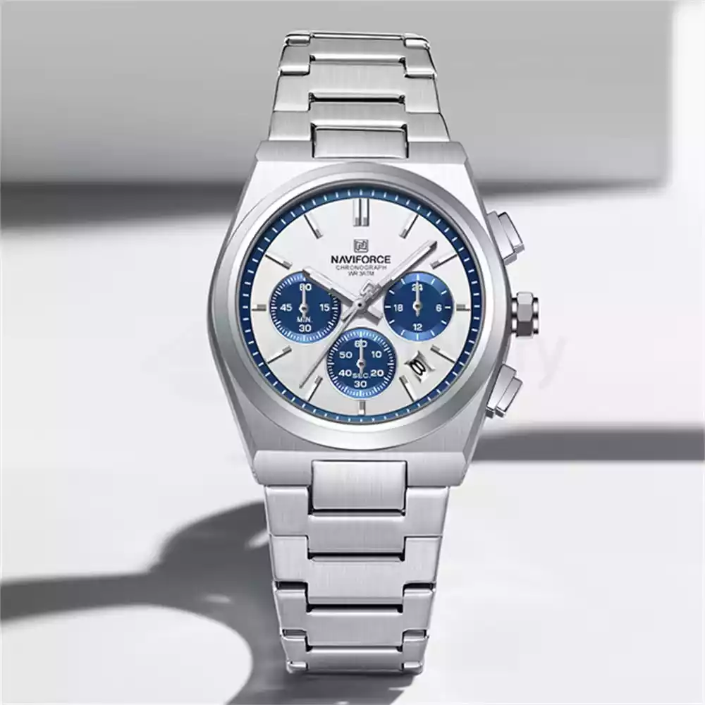 Naviforce Women's Watch With Date & Chain Strap 8048 CH-Silver White Blue