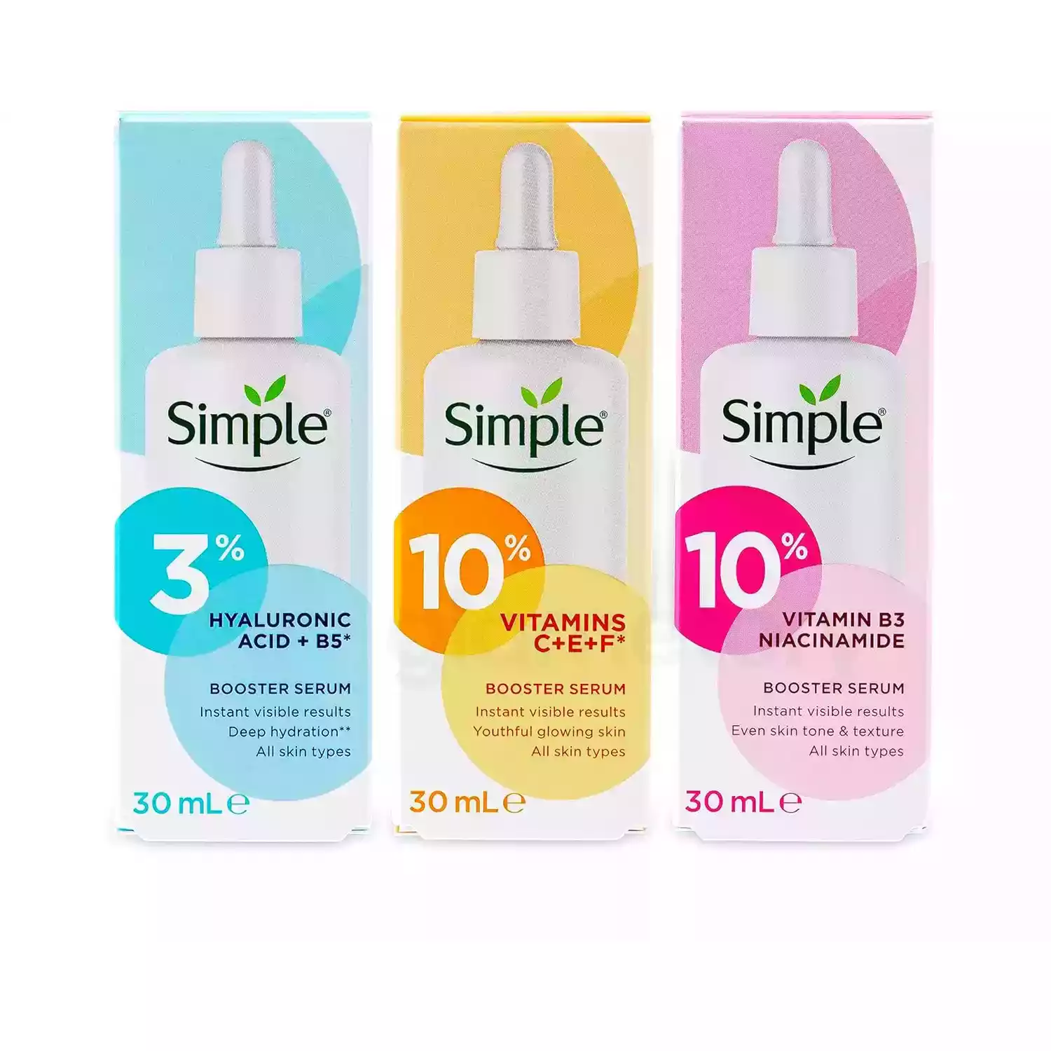 Simple Skin Kind Collection Booster Serum Gift Set 3% Hyaluronic Acid+B5, 10% VitaminC+E+F & 10% Vitamin B3 Niacinamide